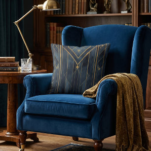Art Deco Goud & Marineblauw Geometrisch Kussen