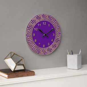 Art Deco Goud Paarse Griekse Sleutel Rand DIY BG Grote Klok