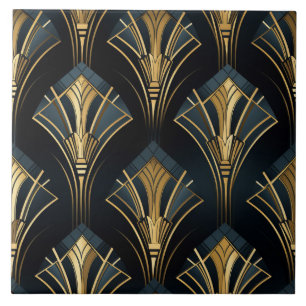Art Deco Goud, Symmetrisch, Navy en Cyaan Tegeltje