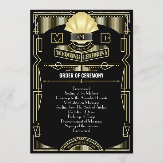 Art Deco Goud Zwart Entourage Orde van Ceremonie Programma (Voorkant)