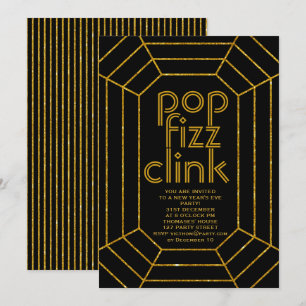 Art Deco goud zwart pop fizz clink Nieuwjaar feest Kaart