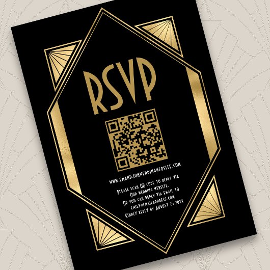 Art Deco Goud Zwart QR Code Bruiloft RSVP Informatiekaartje