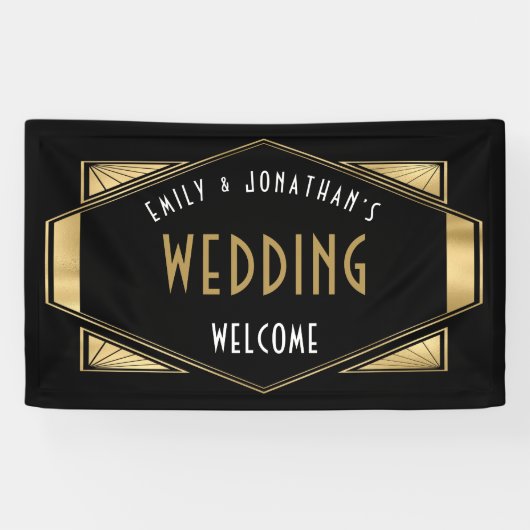 Art Deco Goud Zwart Welkom bij Bruiloft Spandoek (Horizontaal)
