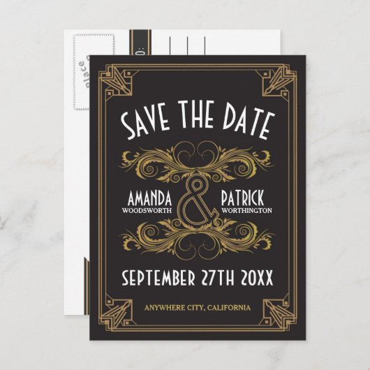 Art Deco  Gouden Bruiloft Save the Date Kaarten (Voorkant / Achterkant)