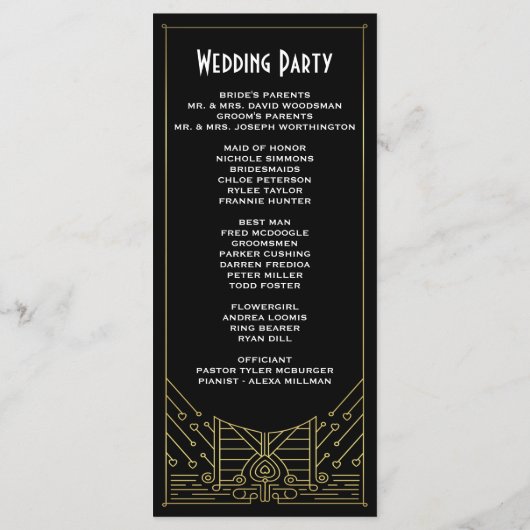 Art Deco  gouden en zwarte bruiloftsprogramma's Programma (Achterkant)