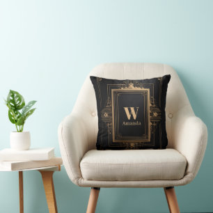 Art Deco gouden frame met aangepaste naam en initi Kussen