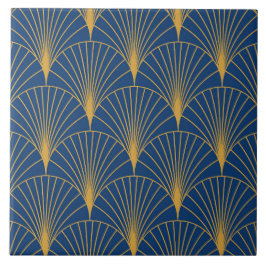 Art Deco Gouden Geometrische Fans op Navy Blue Tegeltje