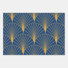 Art Deco Gouden Geometrische Waaiers op Marineblau