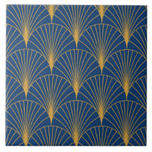 Art Deco Gouden Geometrische Waaiers op Marineblau