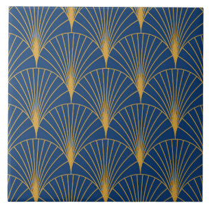 Art Deco Gouden Geometrische Waaiers op Marineblau Tegeltje