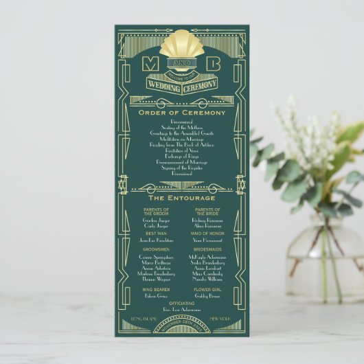 Art Deco Gouden Groene Orde van Ceremonie Entourag Programma (Staand voorkant)