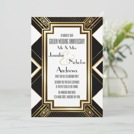 Art Deco Gouden Huwelijksjubileum Uitnodiging (Staand voorkant)