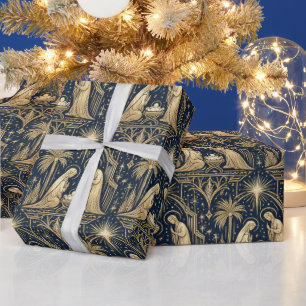 Art Deco Gouden Kerststallen Motief op Marineblauw Cadeaupapier