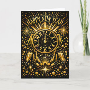 Art Deco Gouden Middernacht Klok Viering Feestdagen Kaart