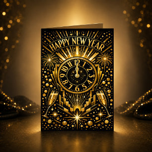 Art Deco Gouden Middernacht Klok Viering Feestdagen Kaart