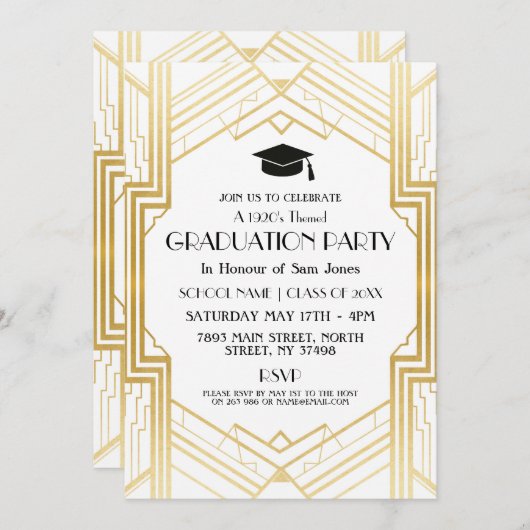 Art Deco Graduation Party Invite Gatsby Gold uit d Kaart (Voorkant / Achterkant)