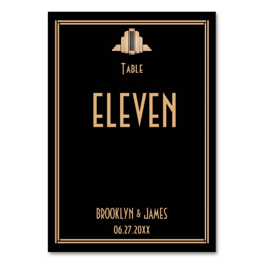 Art Deco Great Gatsby Black Wedding Table Numbers Kaart (Voorkant)