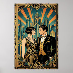 Art Deco Great Gatsby Koppel Stads Silhouet Poster