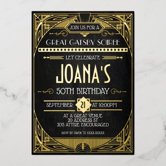 Art Deco Great Gatsby Party Folie Uitnodiging (Voorkant)