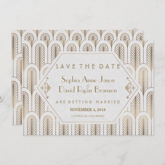 Art Deco Great Gatsby White Gold Save the Date (Voorkant / Achterkant)