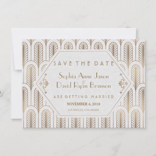 Art Deco Great Gatsby White Gold Save the Date (Voorkant)