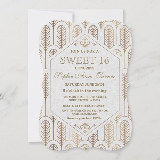 Art Deco Great Gatsby White Gold SWEET 16 Kaart (Voorkant)