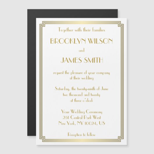 Art Déco Great Gatsby White Magnet Wedding Invite (Devant / Derrière)