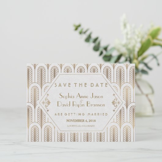 Art Deco Great Gatsby Witte Gouden Save The Date (Staand voorkant)