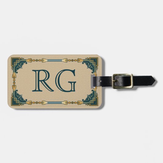 Art Deco Green en Gold Framed Monogram Bagagelabel (Voorkant horizontaal)