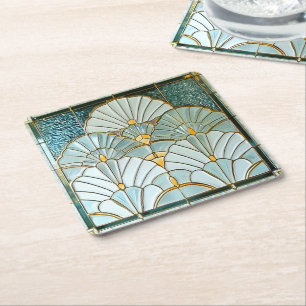 Art Deco groen gouden elegante waaierpatroon Vierkante Kartonnen Onderzetter
