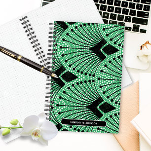 Art Deco Groen Zwart Wit Peacock Patroon Notitieboek