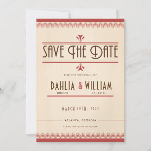 Art Deco  Grunge Stijl Perkament en Rood Save The Date