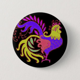 Art Deco haan in Paars op Zwart Ronde Button 5,7 Cm