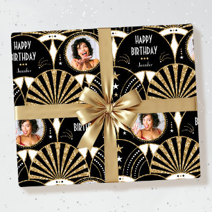 Art Deco Happy Birthday Foto Elegant Zwart Goud Cadeaupapier