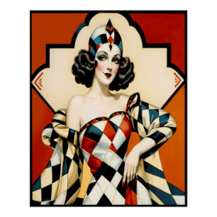 Art Deco Harlequin Lady Poster. Perfect Poster
