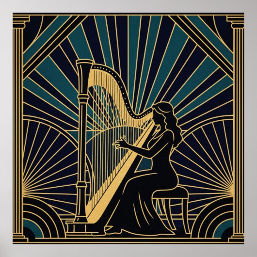 Art Deco Harpist Silhouette Poster Gold and Black  (Devant)
