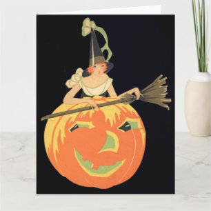 Art Deco Heks Jack O Lantern Pompoen Bezem Kaart