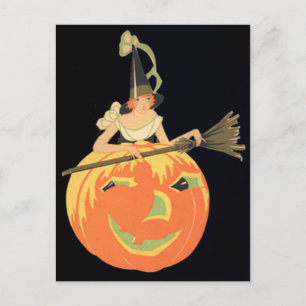Art Deco Heksen Jack O Lantern Pompoen Bezem Briefkaart