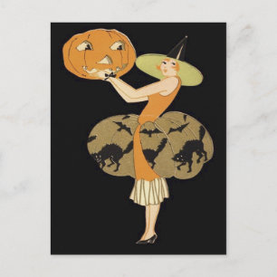 Art Deco Heksen Jack O Lantern Pompoen Zwarte Kat Briefkaart