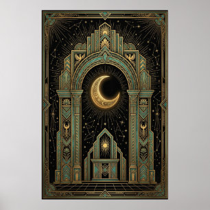 Art Deco Hemeltempelposter   Gouden Zonnestraal Poster