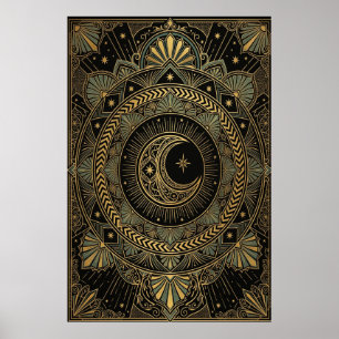 Art Deco Hemeltempelposter Gouden Zonnestraal Poster