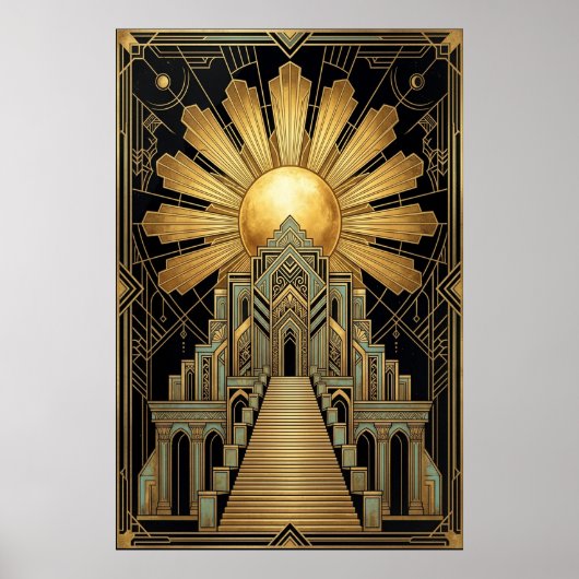 Art Deco Hemeltempelposter | Gouden Zonnestraal Poster (Voorkant)
