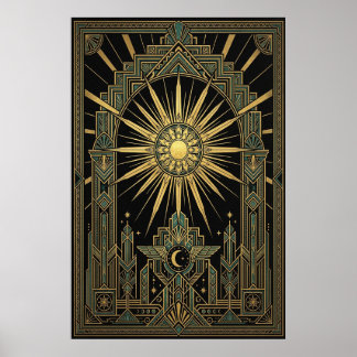Art Deco Hemelzon & Maan Poster | Gouden Geometrie