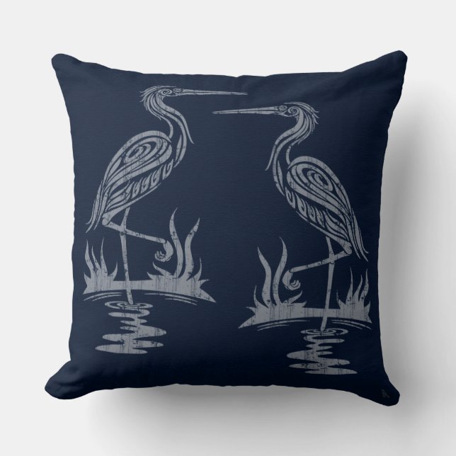Art Deco Herons - Grijs op Navy Blue Kussen (Voorkant)