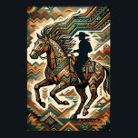 Art Deco Horse and Rider Poster - Geometric Wester<br><div class="desc">Capture the untamed spirit of the frontier with this "Geometric Rider" Art Deco poster. This stunning artwork features a noble horse and its silhouetted rider mid-stride, surrounded by an intricate explosion of tribal zigzags and angular geometric patterns. The sophisticated palette of deep teal, weathered bronze, and earthy terracotta creates a...</div>