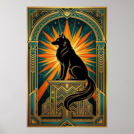 Art Deco Howling Wolf Golden Sunburst Poster (Voorkant)