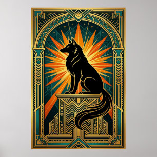 Art Deco Huilende Wolf Gouden Zonneschijn Poster