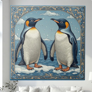 Art Deco Ijs Vogels Pinguïn Koppel Sneeuw Blauwe O Tegeltje