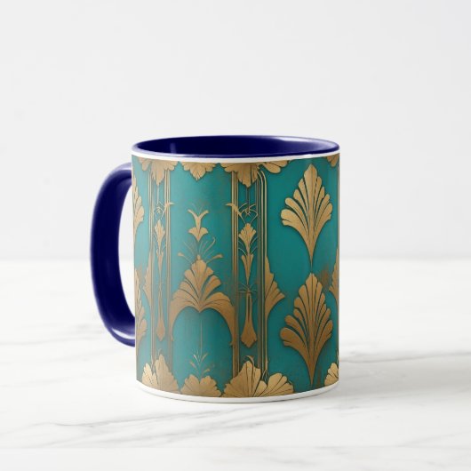 Art Deco in blauw en goud Mok (Voorkant links)