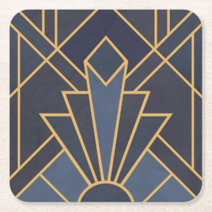 Art Deco inspiratie in blauw en goud Vierkante Kartonnen Onderzetter
